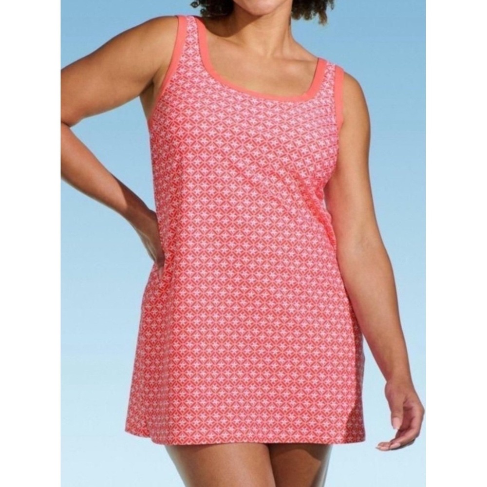 Lands End Women Coral Pink Geometric Star Print Swim Dress  Swimsuit, Size L